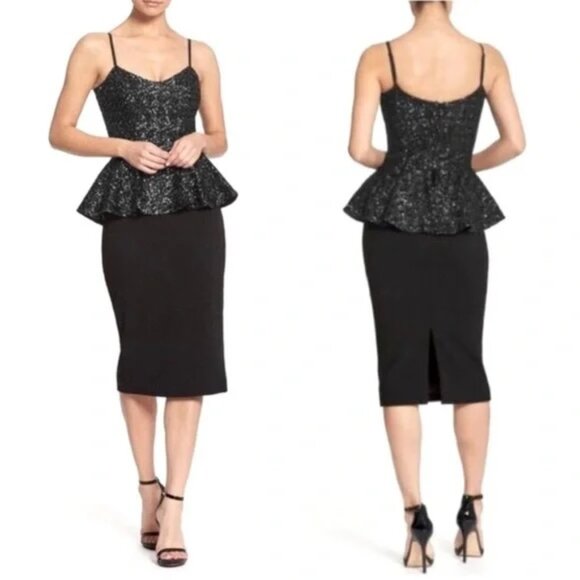 DRESS THE POPULATION Joan Sequin Matte Peplum Dress in Black SZ S - Picture 1 of 13